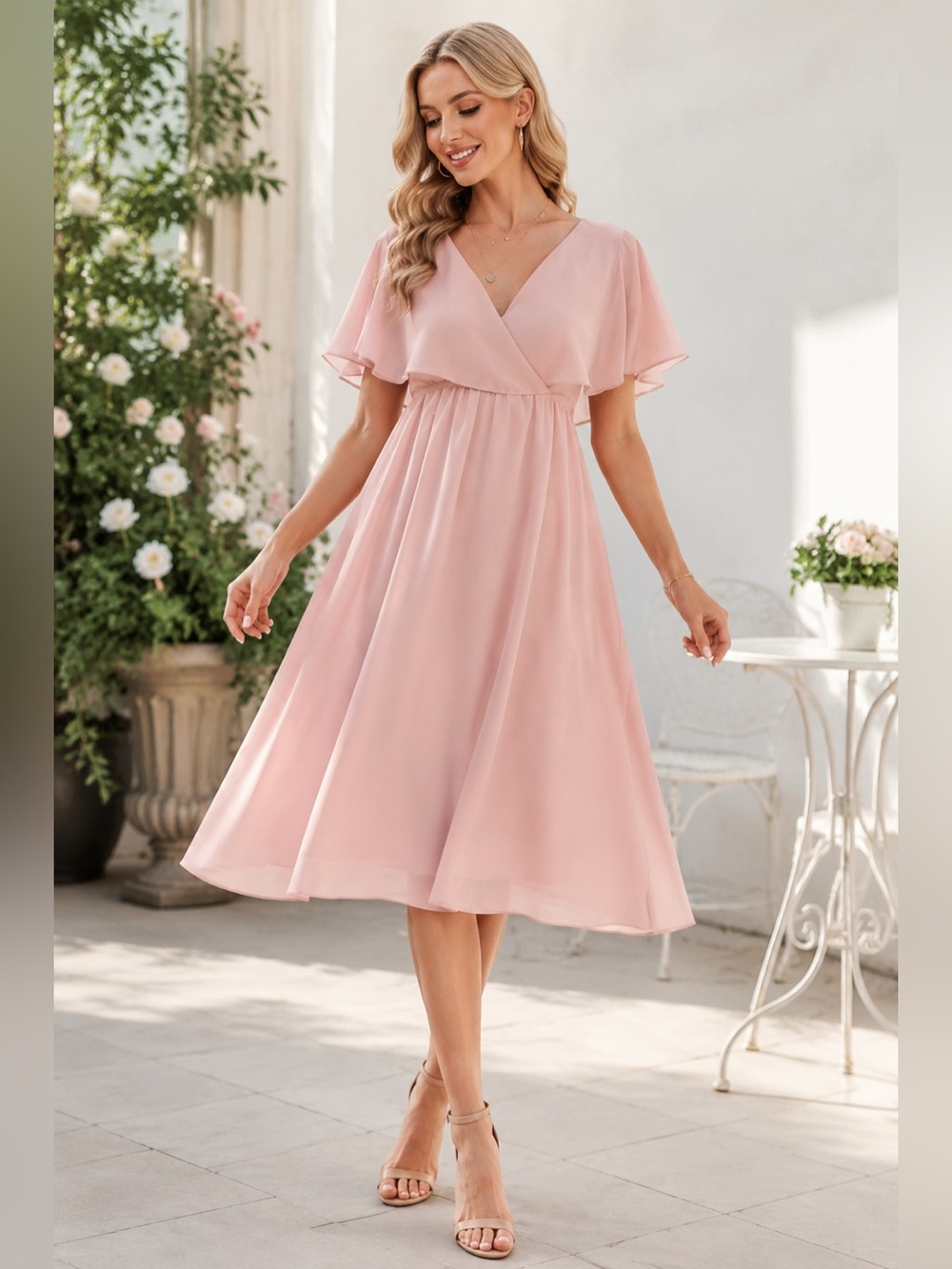 🩷. 1085. Grace Karin Blush Pink Chiffon Flutter-Sleeve Midi Dress
